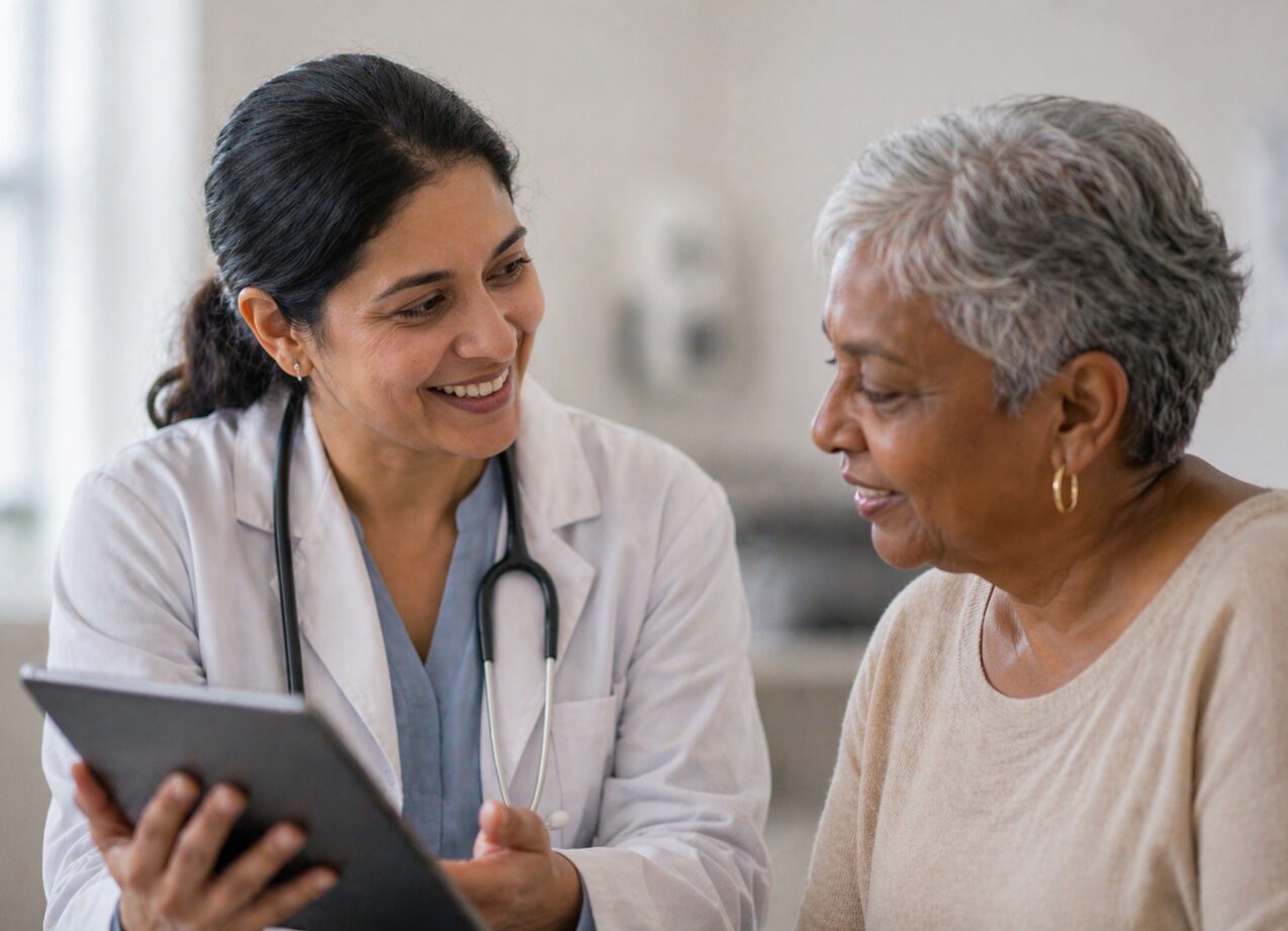 Two women smiling, one holding a tablet, in a hospital examination room.