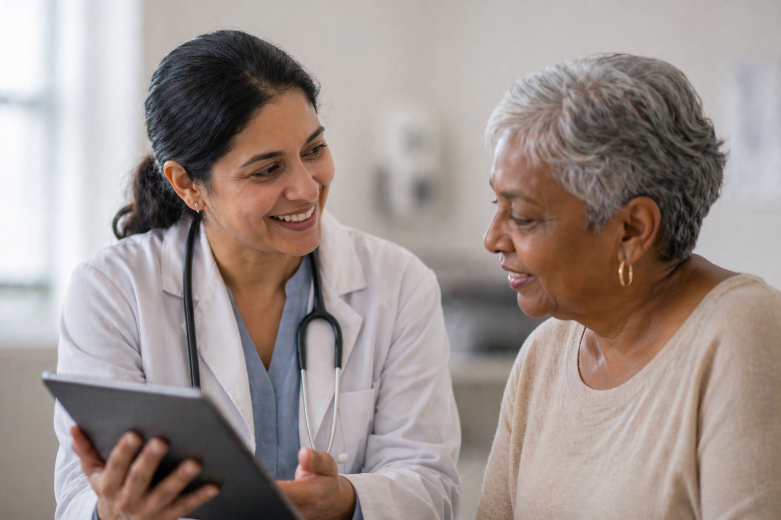 Two women smiling, one holding a tablet, in a hospital examination room.