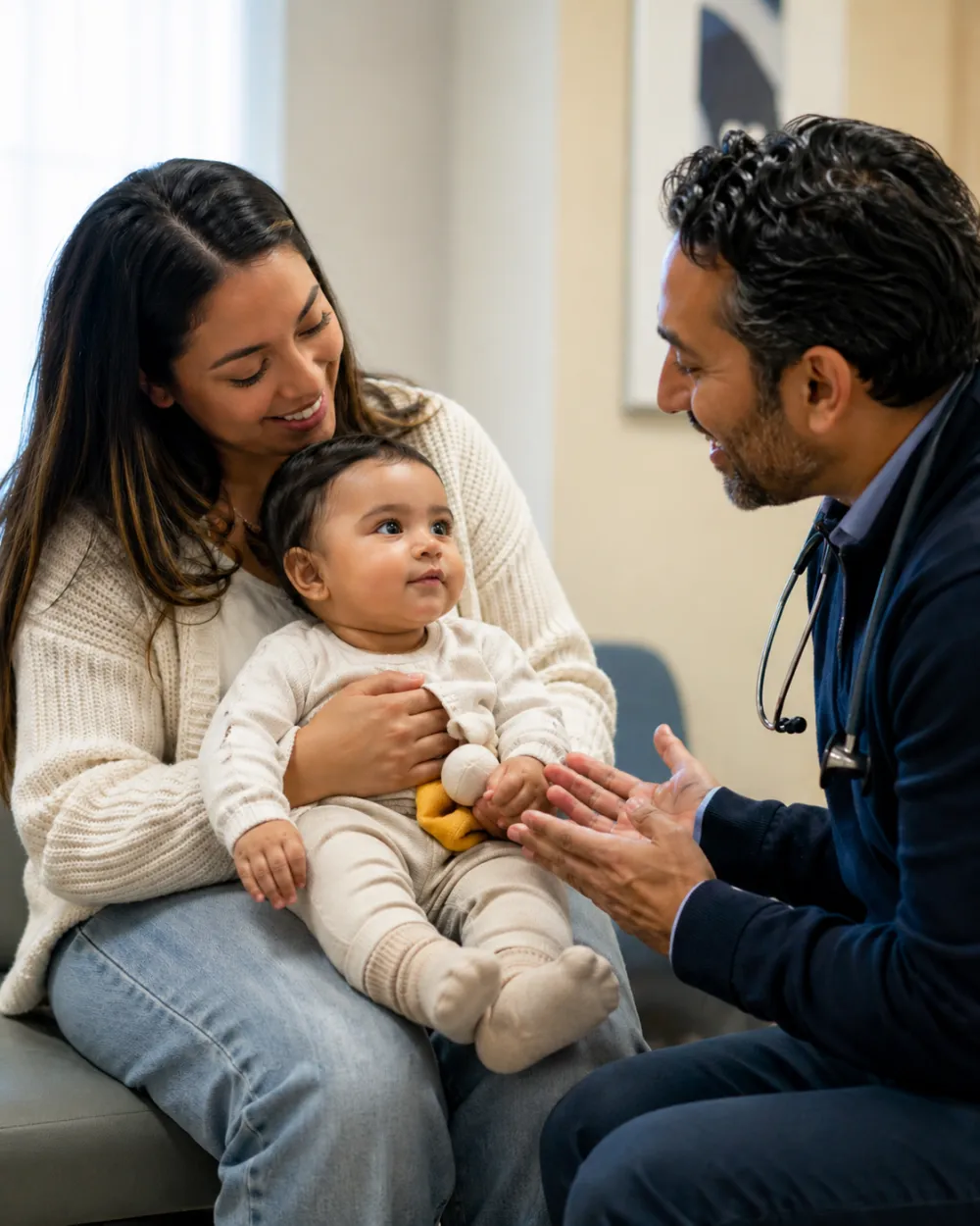 A mother holds her smiling baby while a Kaleida Health physician examines the child.