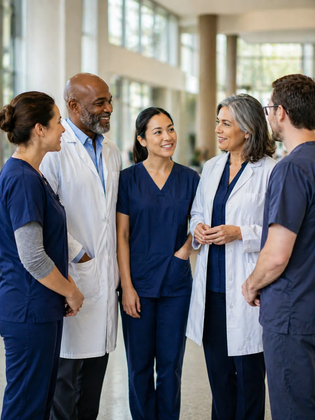 Group of Kaleida Health doctors and nurses gathered together in a hospital hallway.
