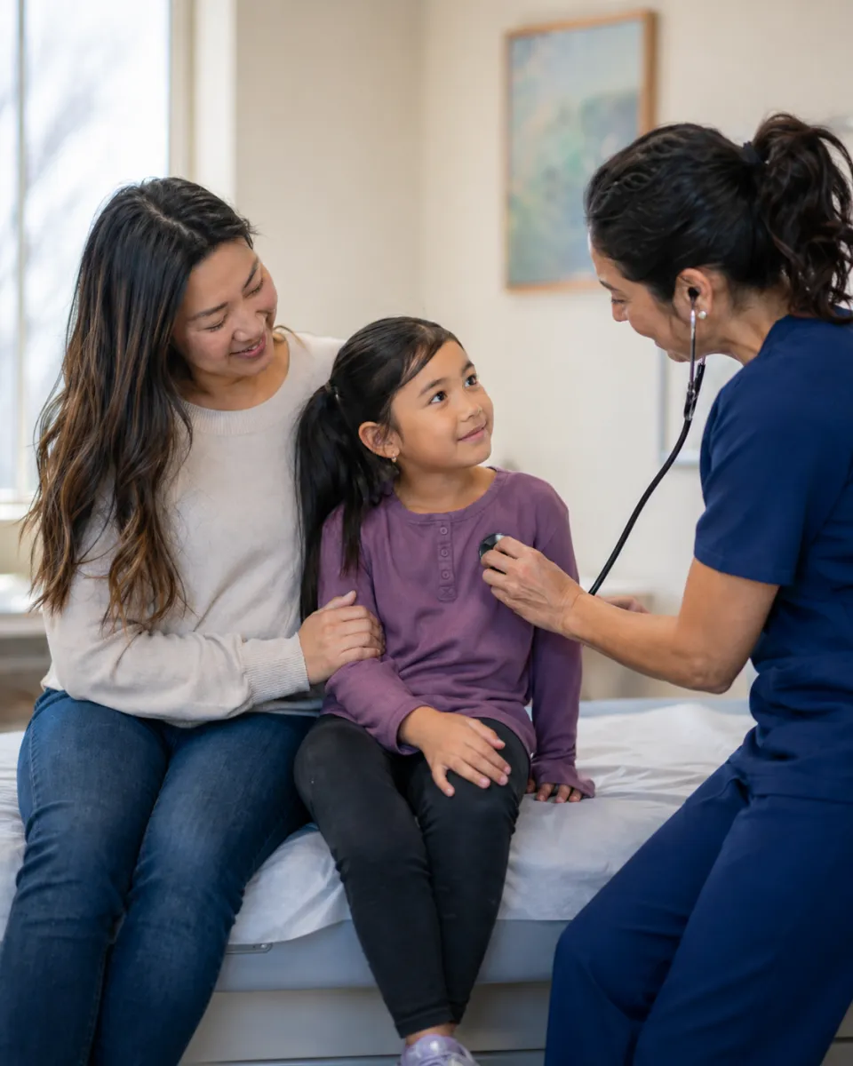 A pediatric nurse examining a young girl as her mother looks on