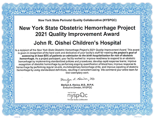 OCH Earns Obstetric Hemorrhage 2021 Quality Improvement Award