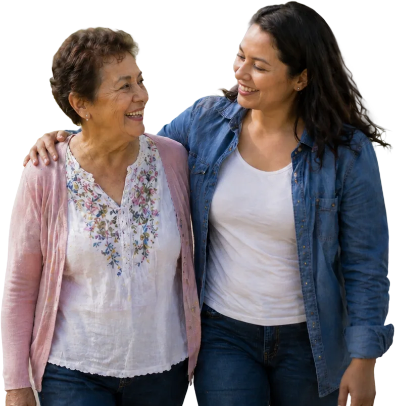 Two people walking and smiling