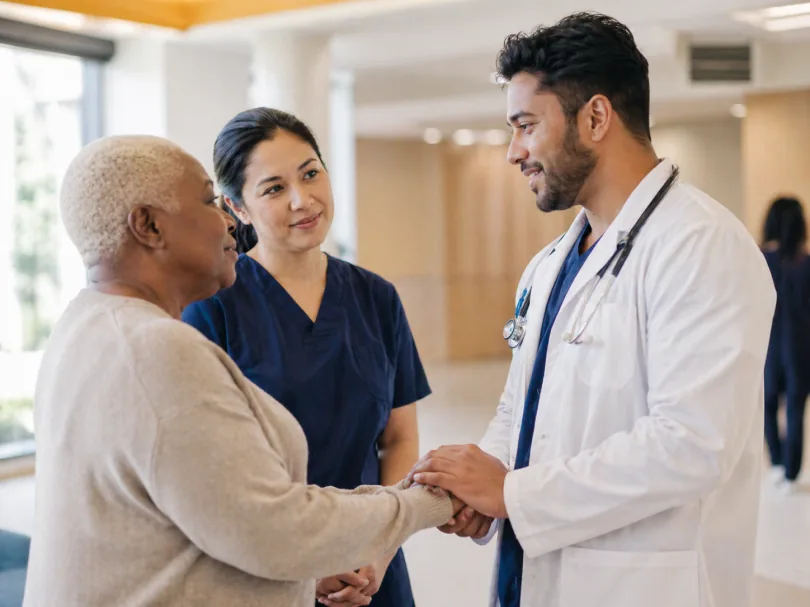 Smiling healthcare provider holding the hand of a patient.