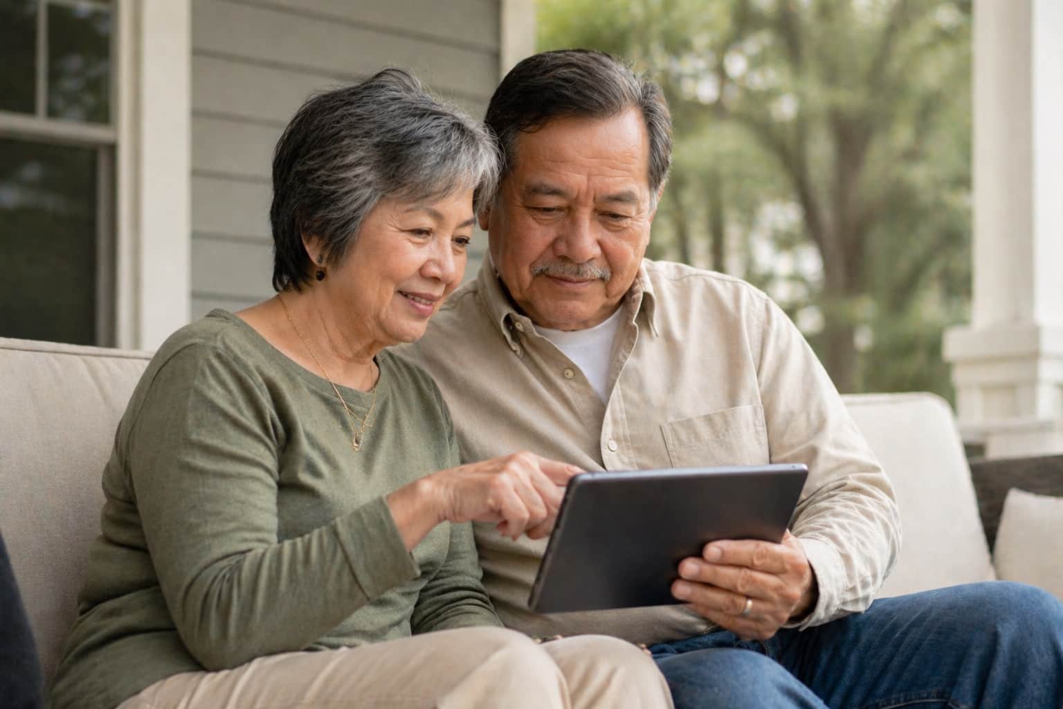 An older couple using the MyChart app on a tablet.