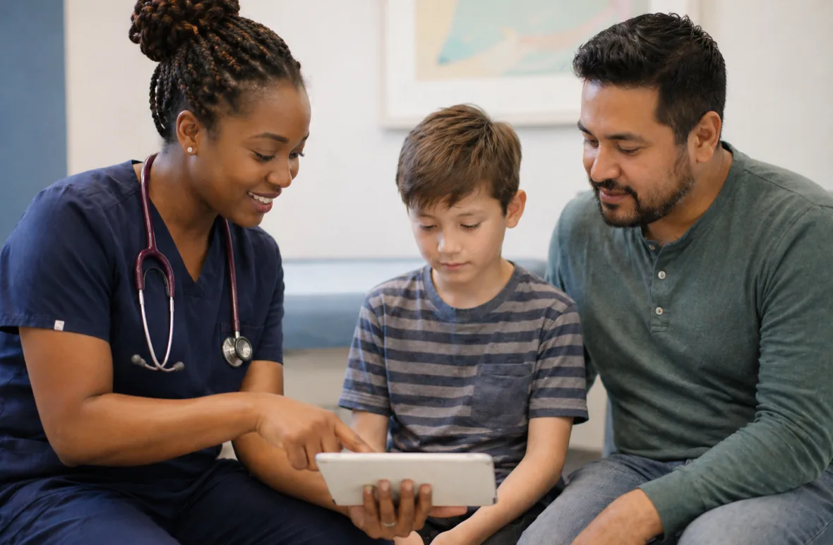 A pediatric nurse and a parent looking at a tablet with a young patient.