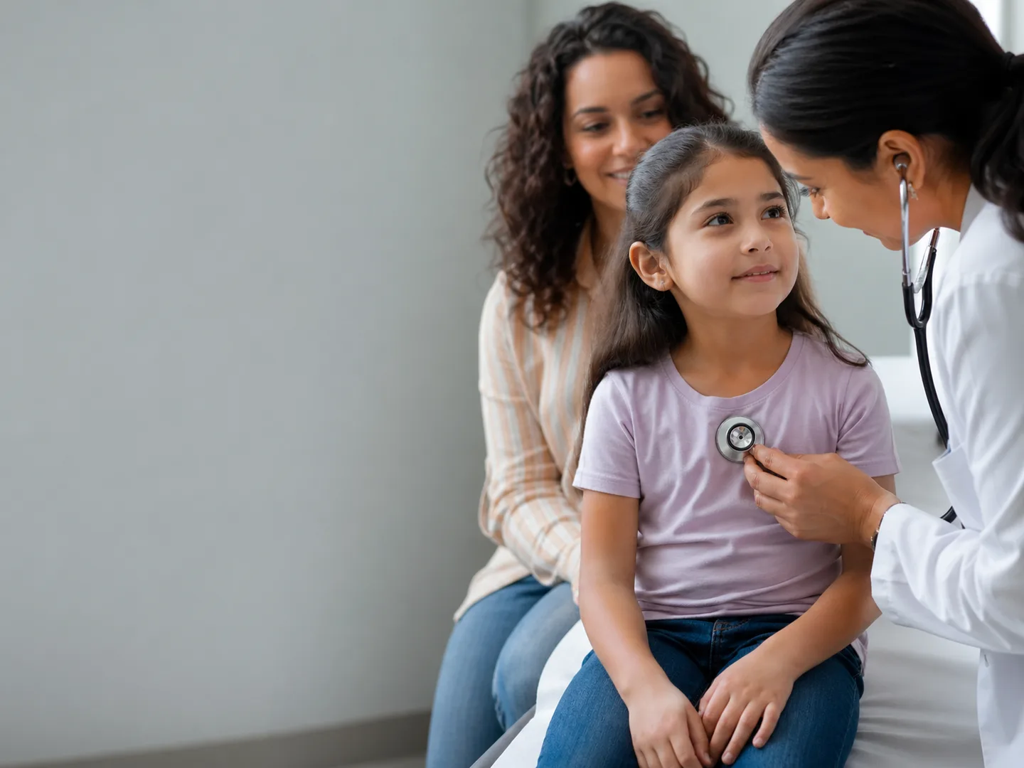 A pediatrician listens to a smiling young girl's heart with a stethoscope as her mother looks on.
